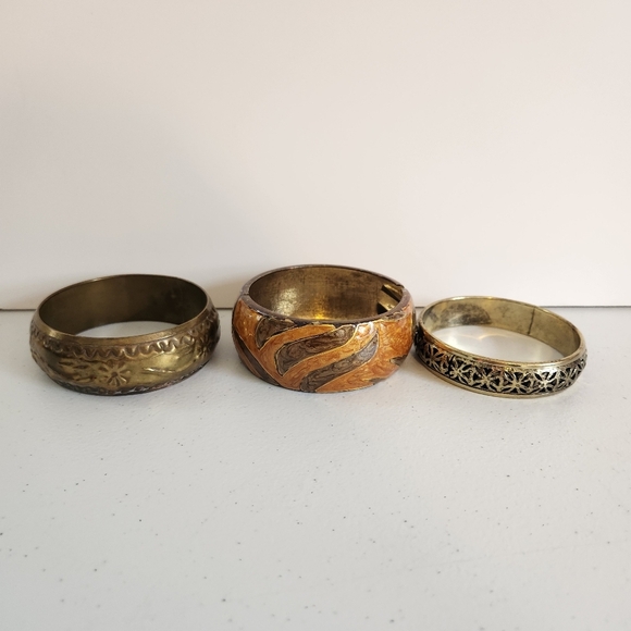 Vintage Brass Bangle Bracelet Set Cloisonne Boho Bohemian Jewlery 1970s Eclectic - Picture 6 of 6